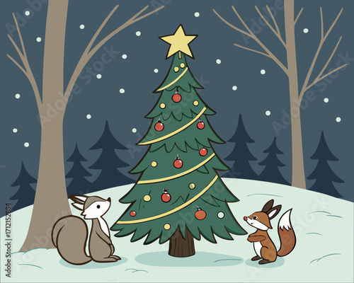 A magical Christmas night scene with a decorated tree in the forest, glowing lights, woodland animals gathered around, snow gently falling, and a golden star shining at the top of the tree.