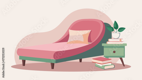 A cozy reading nook featuring a velvet chaise lounge in a soft blush pink color.