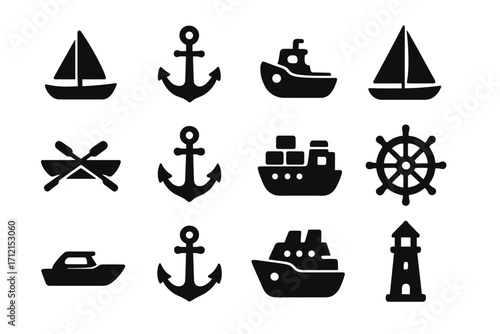 Nautical marine icon set. Boat and ship silhouette collection. Vector icons of sailboat, anchor, cargo ship, cruise liner, speedboat, lighthouse, helm, and rowboat.