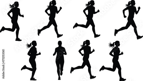 Silhouette of woman running, female jogging figure isolated, black shadow athlete pose, fitness lifestyle concept, healthy sports activity illustration