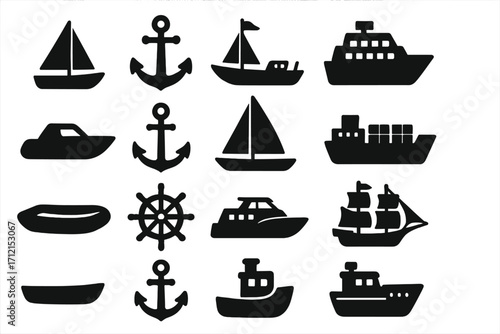 Nautical marine icon set. Big collection of boat and ship silhouettes. Vector icons for sea travel, transport. Anchor, ship wheel, sailboat, yacht, cruise and cargo ship.