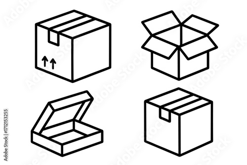 Packaging box isometric icon set. Carton shipping container and delivery parcel collection. Open and closed cardboard boxes. Vector line art for logistics and e-commerce.