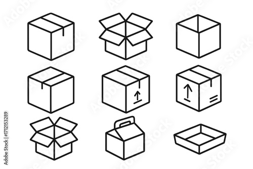 Packaging box outline icon set. Carton, shipping and container line art collection. Vector delivery package symbol. Logistics, cargo and parcel pictogram for ecommerce. Move.