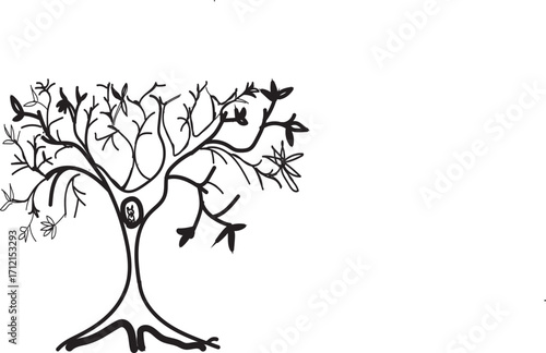 A black-and-white abstract tree illustration with twisting branches, expressive linework, and a face-like trunk. Whimsical and surreal, ideal for fantasy, nature, or conceptual art themes.