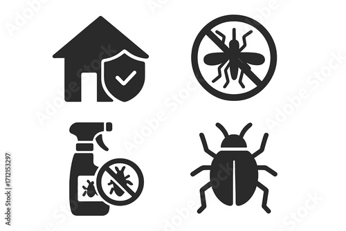 Pest control solid icon set. Home protection, house safety, insect prevention. Vector glyph icons. Bug, mosquito repellent, insecticide spray, and anti-insect sign design.