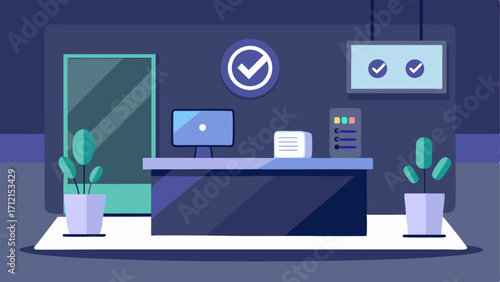 A sleek minimalist reception area with a digital checkin system and a large logo representing the tech hub.