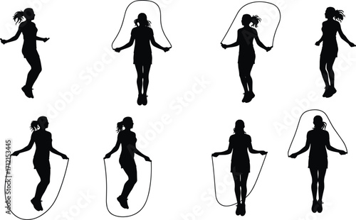 Silhouette woman jumping rope exercise, fitness workout training, healthy lifestyle activity, sports cardio routine, athletic girl skipping rope practice