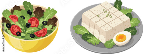 Fresh vegetable salad with tomato, olives, tofu with boiled egg, healthy vegetarian meal, organic food, diet lunch, vegan dish option.
