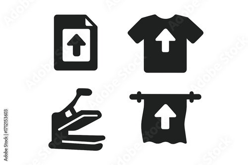 T-shirt printing solid icon set. Heat press machine for textile sublimation and apparel transfer. Print on demand business concept. Vector glyph icons for clothing design.