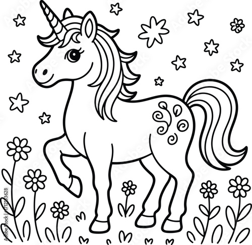 Charming black and white illustration of a happy unicorn standing in a field of flowers with stars in the sky