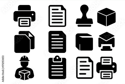 Office and printing solid icon set. Business and logistics glyph collection. Documentation, stamp, packaging, and delivery symbols. Vector pack of printer and worker icons.