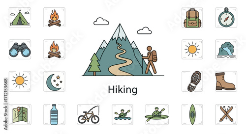 Colorful Hand Drawn Icons for Hiking Camping and Trekking.