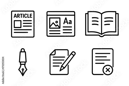 Publishing and editorial line icon set. Vector symbols for content creation, writing, and journalism. Icons for article, web layout, book, fountain pen, editing, and delete.