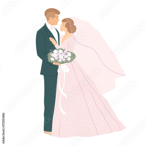 bride and groom in fancy clothes on their wedding day. beautiful couple of newlyweds with a bouquet of flowers. flat pattern, delicate colors. stock vector illustration. EPS 10.