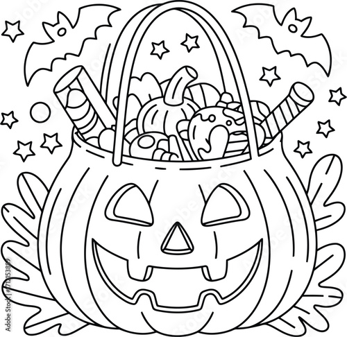 Whimsical halloween pumpkin basket overflowing with candy and small pumpkins surrounded by bats and stars perfect for coloring pages