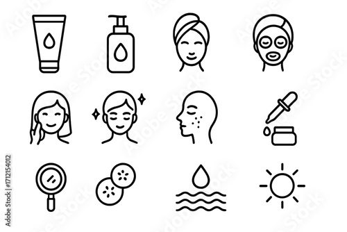 Skincare and beauty line icon set, minimalistic hygiene and wellness symbols, vector cartoon illustration, clear design for personal care and skincare routine, transparent background