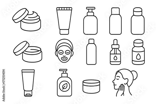 Skin care and beauty outline icon set with creams, bottles, serums, and facial mask in vector cartoon style, transparent background, ordered collection of cosmetic and skincare products