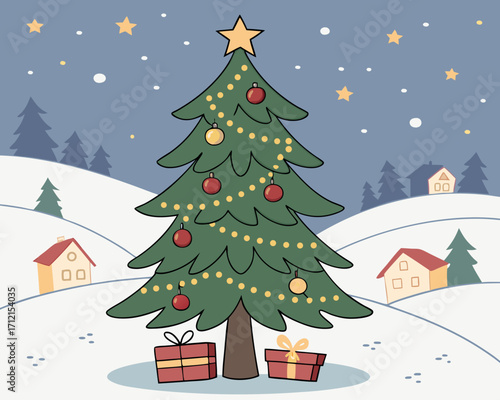 A festive Christmas vector background with a decorated pine tree full of baubles, glowing string lights, wrapped gift boxes, golden stars, and a snow-covered landscape with cozy houses