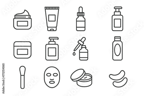 Skincare product outline icon set including creams, serums, masks, lotions, and applicators in linear style vector collection for beauty, cosmetics, skin care, and spa illustration