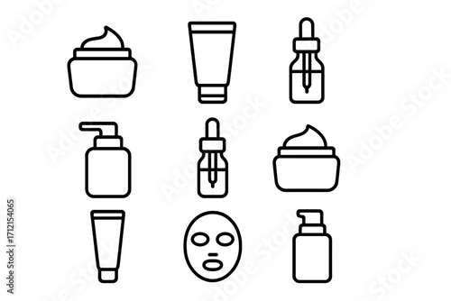 Skincare product outline icon set, linear style vector collection with creams, serums, masks, face care, beauty products, cosmetic bottle and tube illustrations, transparent background