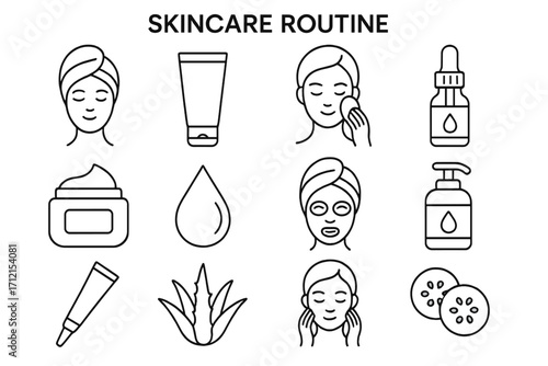 Skincare routine icons set, beauty and wellness products, ingredients collection, linear vector illustration, facial care essentials, skin health symbols, transparent background