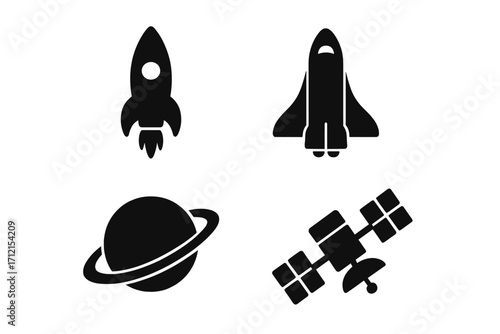 Space exploration silhouette icon set of rocket, shuttle, planet with rings, satellite, vector cartoon illustration, black solid icons, transparent background, ordered collection
