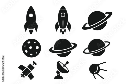 Space exploration silhouette icon set with rockets, planets including ringed planets, moon with craters, satellites, and satellite dish in black vector cartoon style on transparent background