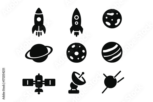 Space exploration silhouette icon set with rockets, planets, satellites, and space technology symbols in black, vector cartoon illustration, transparent background, ordered set of cosmic elements