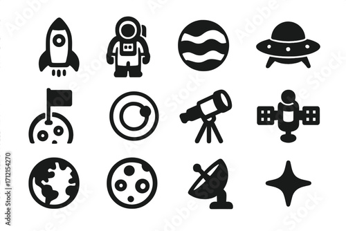 Space exploration solid icon set with rockets, astronauts, planets, satellites, telescopes, UFOs, moon landing flags, and cosmic elements in bold black vector design, cartoon style