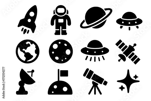Space exploration solid icon set with rockets, astronauts, planets, UFOs, satellites, moon surface, telescope, and stars in bold vector cartoon style with transparent background