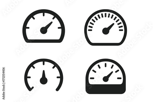 Speedometer and gauge icon set, vehicle dashboard silhouettes collection, vector cartoon illustration with transparent background, ordered automotive instrument panel symbols