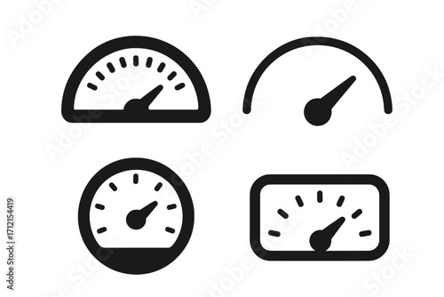 Speedometer gauge icon set vehicle dashboard silhouette icons collection vector cartoon illustration transparent background ordered set 4 types