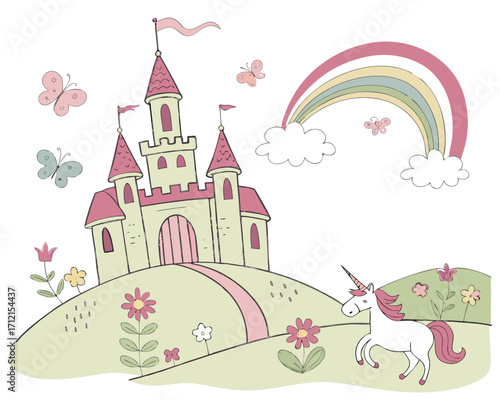 A cute children illustration of a magical fairytale castle on a hill with pastel turrets, a rainbow arching across the sky, fluffy clouds, a unicorn grazing nearby, and butterflies