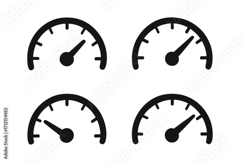 Speedometer gauge silhouette icon set, automotive measurement vector collection, speed dial indicators, car dashboard symbols, cartoon style transparent background
