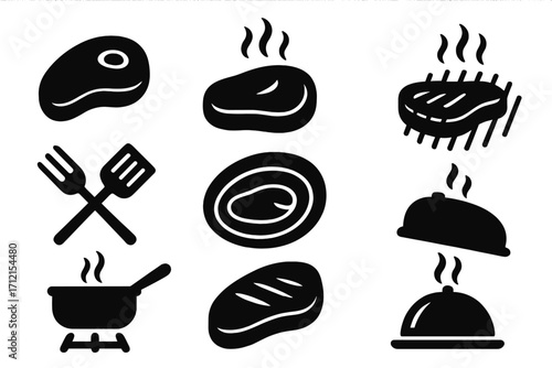 Steak cooking silhouette icons set, delicious food and culinary art collection, grilled meat and kitchen utensils, vector cartoon illustration, transparent background design