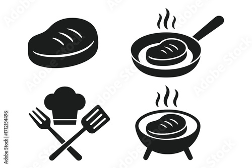 Steak cooking silhouette icon set with frying pan, grill, chef hat, fork and spatula. Delicious food and culinary art vector illustration collection on transparent background, ordered set