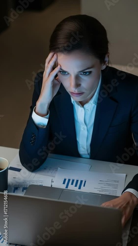 Stressed businesswoman working late at night on a laptop in a dark office. Focused professional woman feeling pressure from a deadline, analyzing financial data charts.