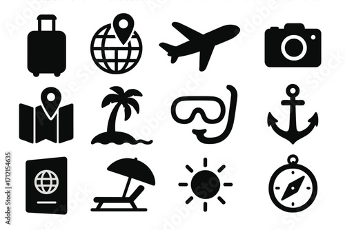 Travel and tourism silhouette icon set with vacation, beach, navigation symbols, airplane, luggage, map, passport, snorkel gear, sun, palm tree, anchor, compass, camera vector illustration