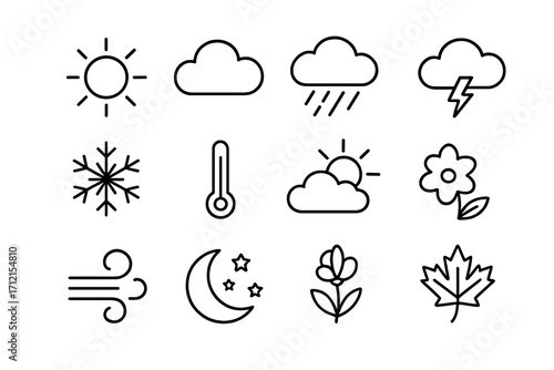 Weather and seasons outline icon set, nature and climate symbols collection, vector cartoon illustration, transparent background, weather icons, climate and seasonal symbols pack