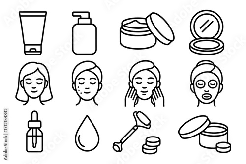 Skincare line icon set vector. Beauty routine cosmetic products. Cream, serum, lotion, face mask, jade roller. Woman face with acne, cleansing, massage. Self care.
