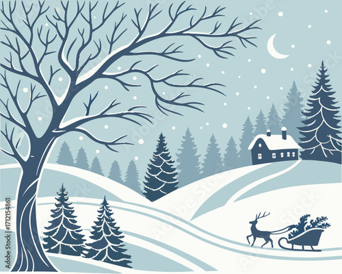 An idyllic winter landscape featuring snow-covered trees, a small village in the distance, and a festive sled pulled by reindeer, creating an enchanting image perfect for holiday cards or wall art.