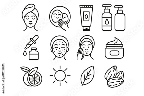 Skincare routine icons set. Beauty and cosmetic line icons for facial treatment. Vector symbols for dermatology, spa, face mask, cream, serum, natural ingredients, and acne.