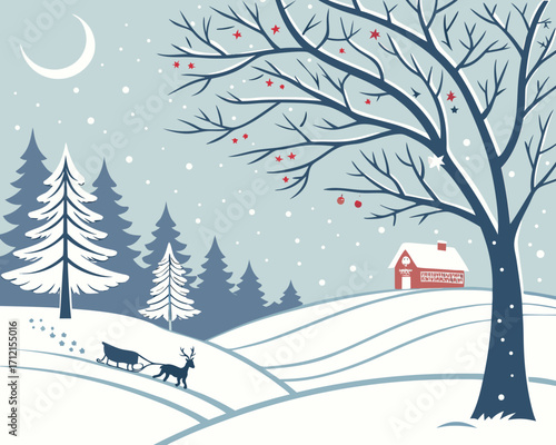 An idyllic winter landscape featuring snow-covered trees, a small village in the distance, and a festive sled pulled by reindeer, creating an enchanting image perfect for holiday cards or wall art.