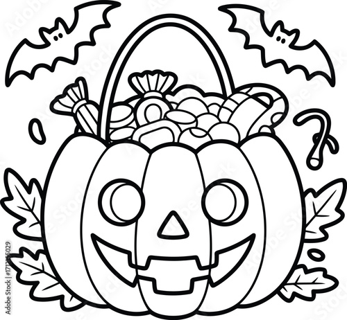 Whimsical black and white illustration of a happy jack o lantern pumpkin overflowing with candy and surrounded by bats and autumn leaves