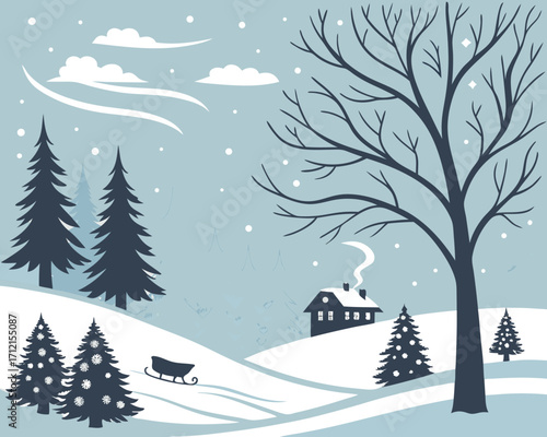 An idyllic winter landscape featuring snow-covered trees, a small village in the distance, and a festive sled pulled by reindeer, creating an enchanting image perfect for holiday cards or wall art.