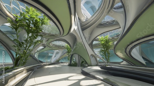 Fototapeta Naklejka Na Ścianę i Meble -  The organic, flowing interior of a futuristic space station with bioluminescent plants.