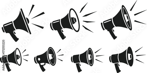 Vector illustration of megaphone loudspeaker icons set, announcement symbol, communication tool, promotion device, sound alert, advertising message, notification design elements