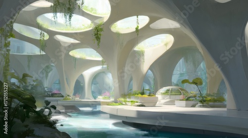 Fototapeta Naklejka Na Ścianę i Meble -  The organic, flowing interior of a futuristic space station with bioluminescent plants.