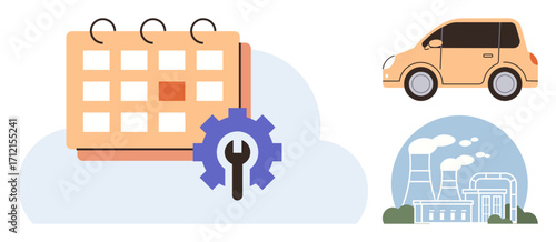 Calendar with gear symbol, orange car, and industrial power plant. Ideal for planning, maintenance, logistics, sustainability, manufacturing energy efficiency. Smart management in simple flat