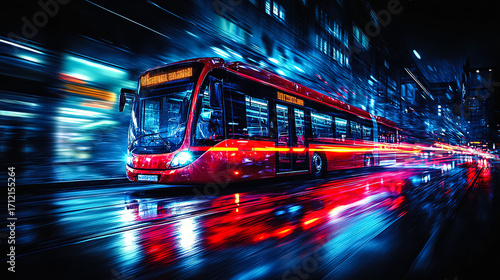 City bus moves through wet streets at night with bright lights r